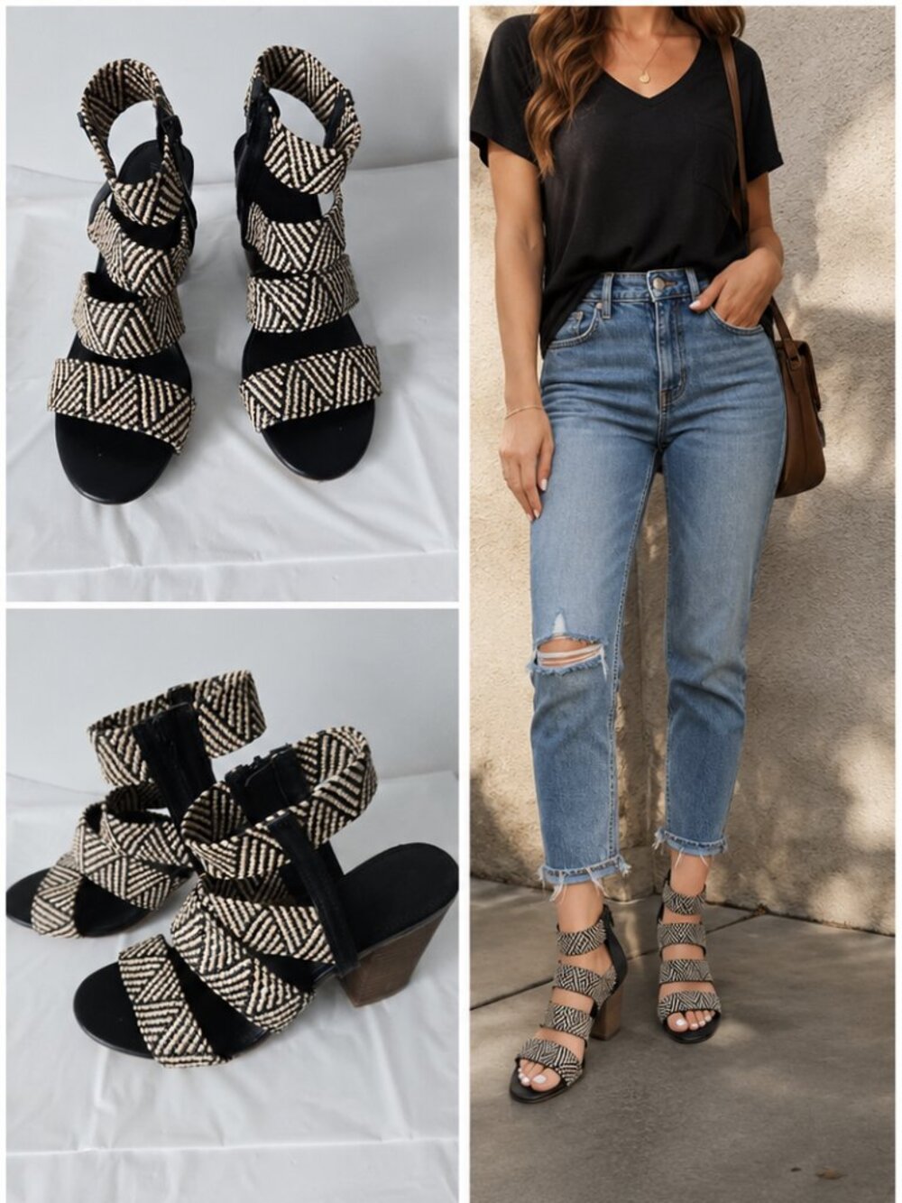 Universal Thread Woven Block Heel Strappy Sandals Size 6.5 Black & Natural